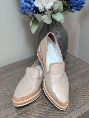 Donald Pliner Bray Champagne Gold Metallic Cork Platform Loafers Size 11
